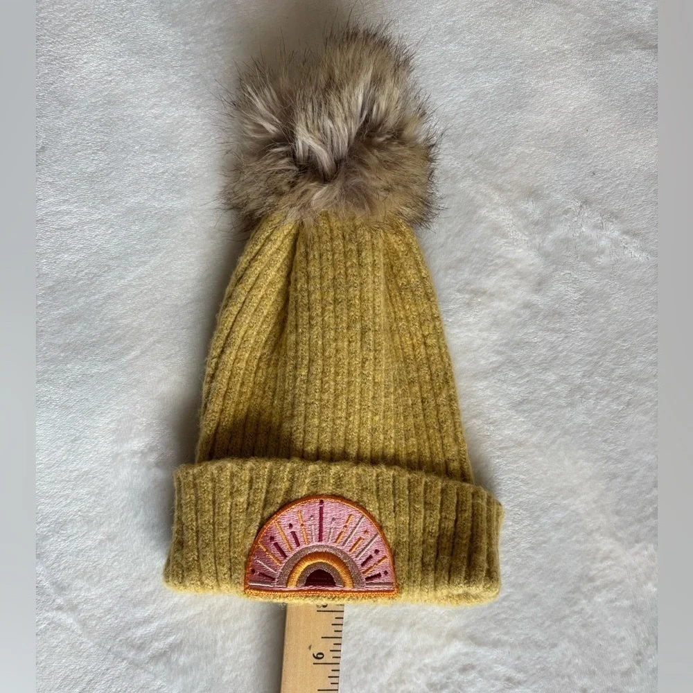 Virginia Wolf Yellow Mustard Knit Beanie with Pink Rainbow Patch and Pompon OS
